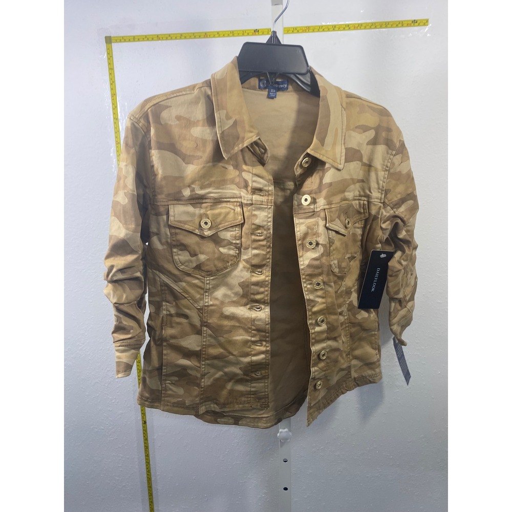 Democracy Womens Camo Denim Jacket Tan Khaki Utility Button Front XS NWT